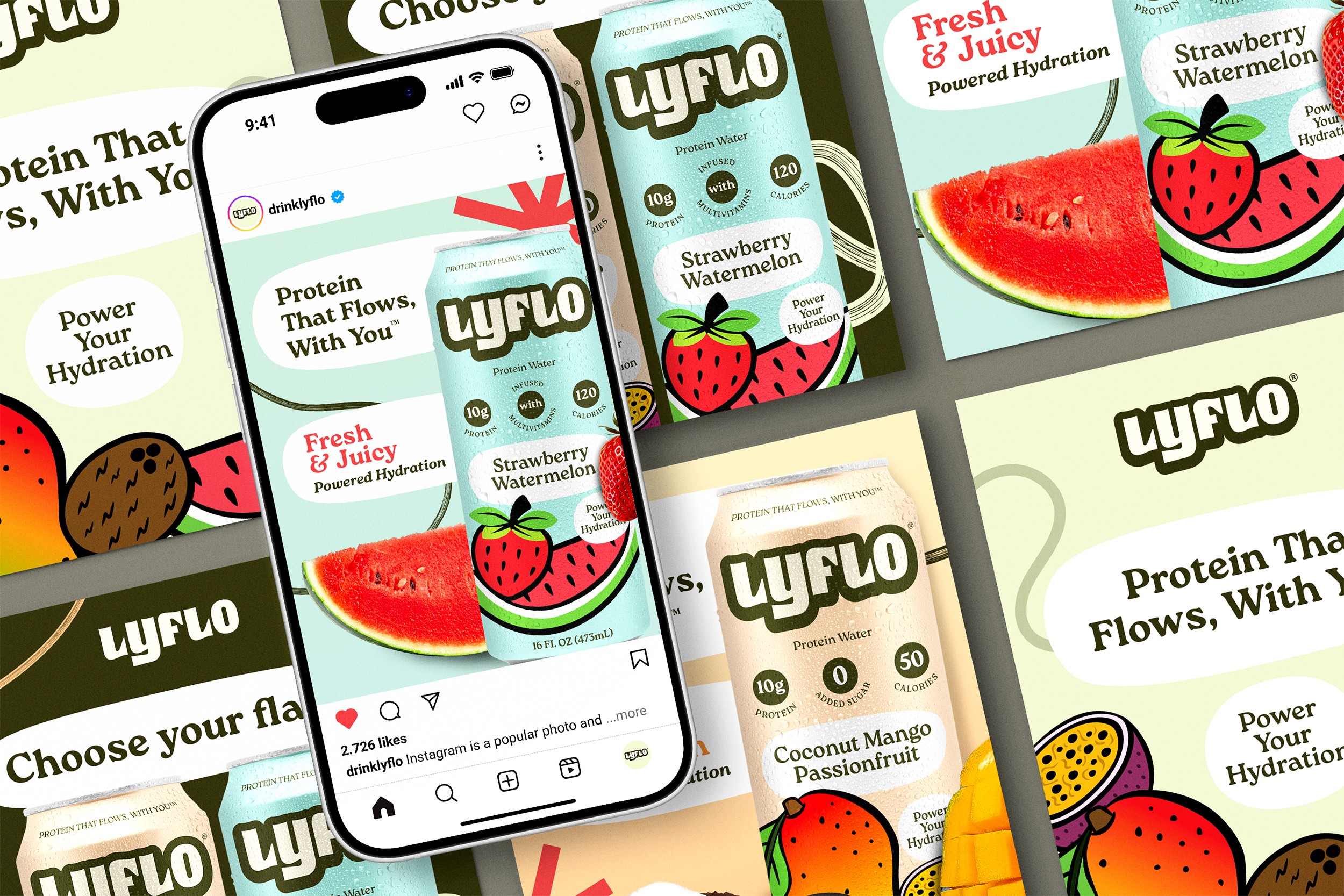 Phone showing "Lyflo" branded social media post with multiple post images in the background