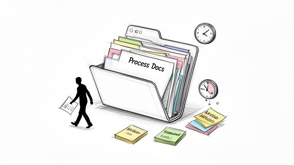 A silhouette walks towards a large 'Process Docs' folder, illustrating organized workflow management.