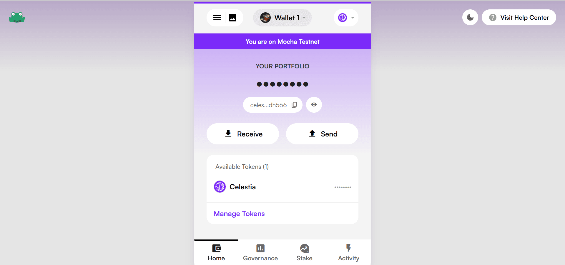 Celestia Mocha 4 testnet Home Tab on Leap Wallet