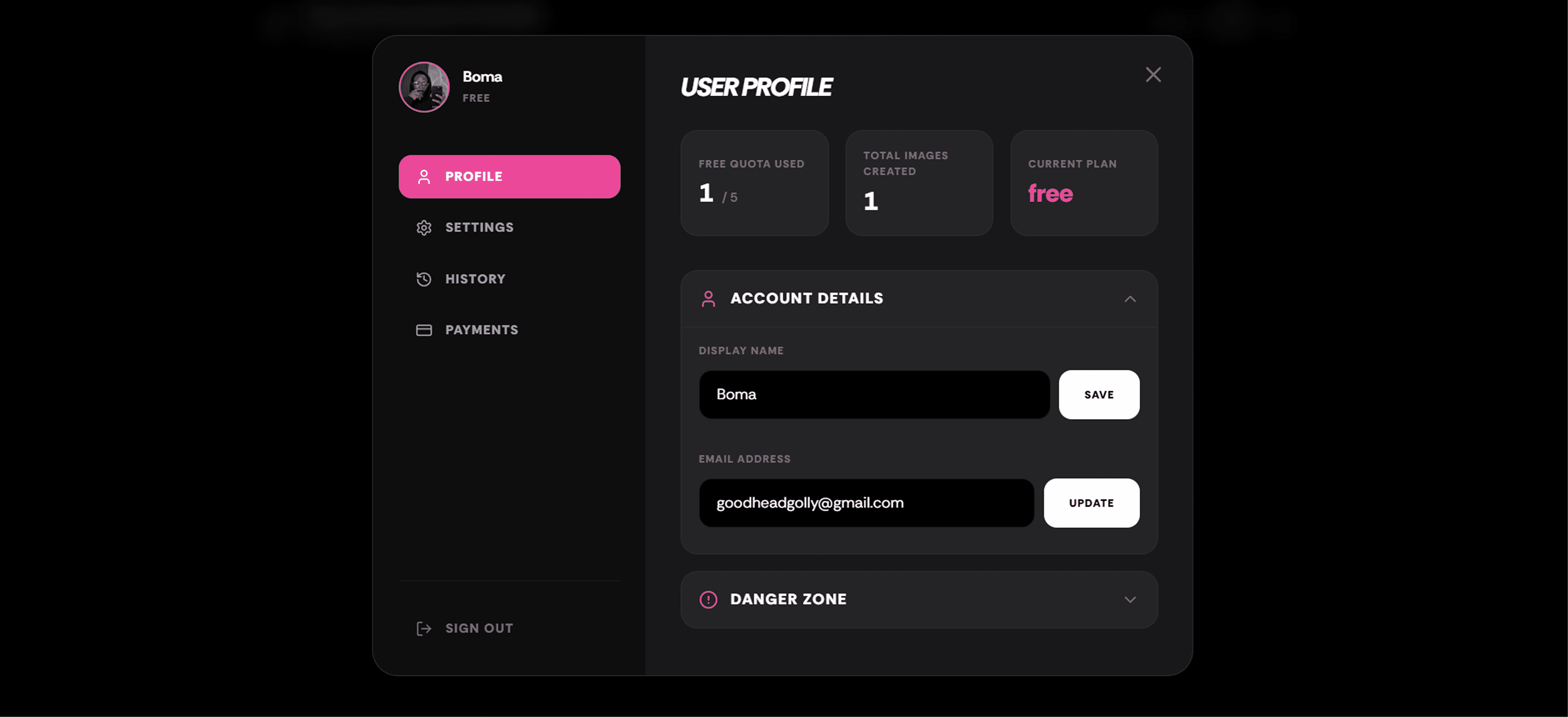 User Profile section of the dashboard