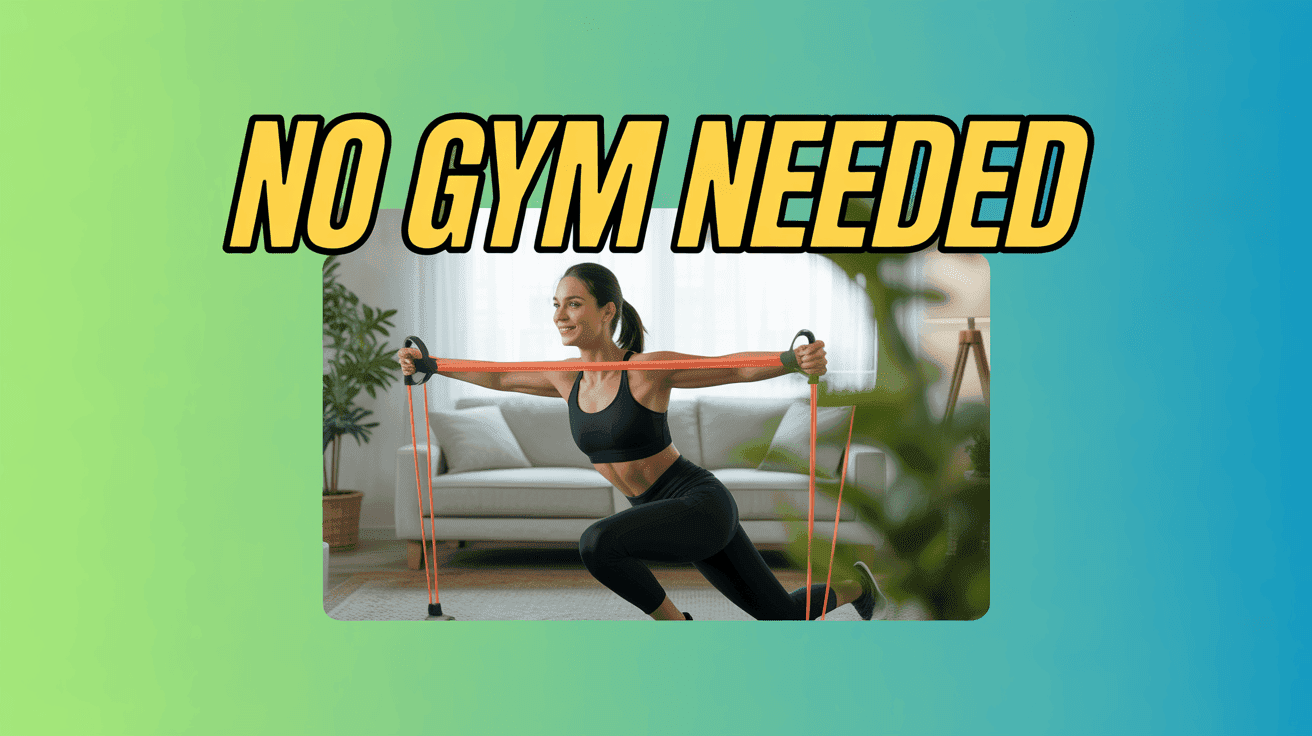 Home Circuit Minimal Gear Thumbnail Template featuring trainer lunging in living room with resistance bands, couch and plants blurred behind