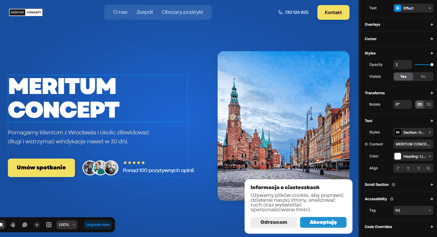 Interfejs narzędzia do budowy stron internetowych pokazujący proces optymalizacji SEO. Widoczna konfiguracja nagłówków oraz meta tagów dla serwisu Meritum Concept.