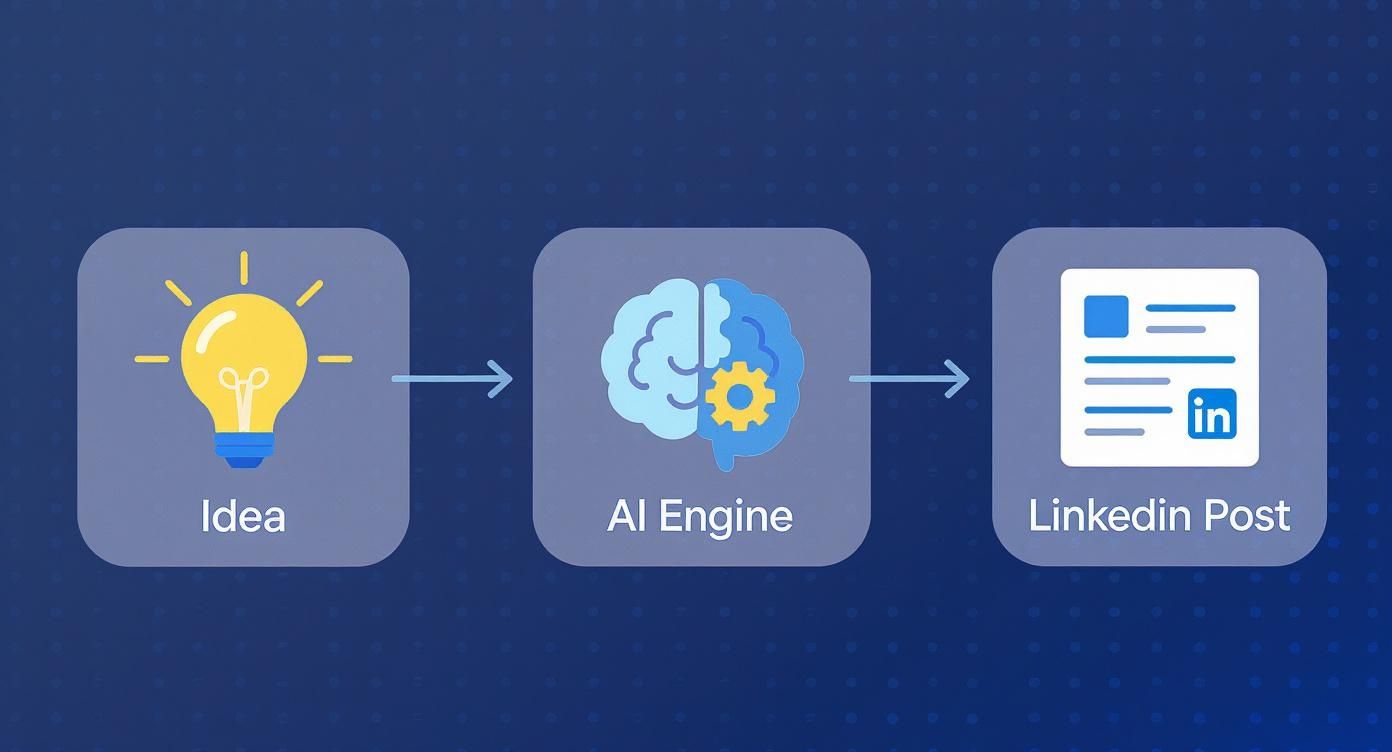 A workflow diagram illustrating an idea turning into a LinkedIn post via an AI engine.