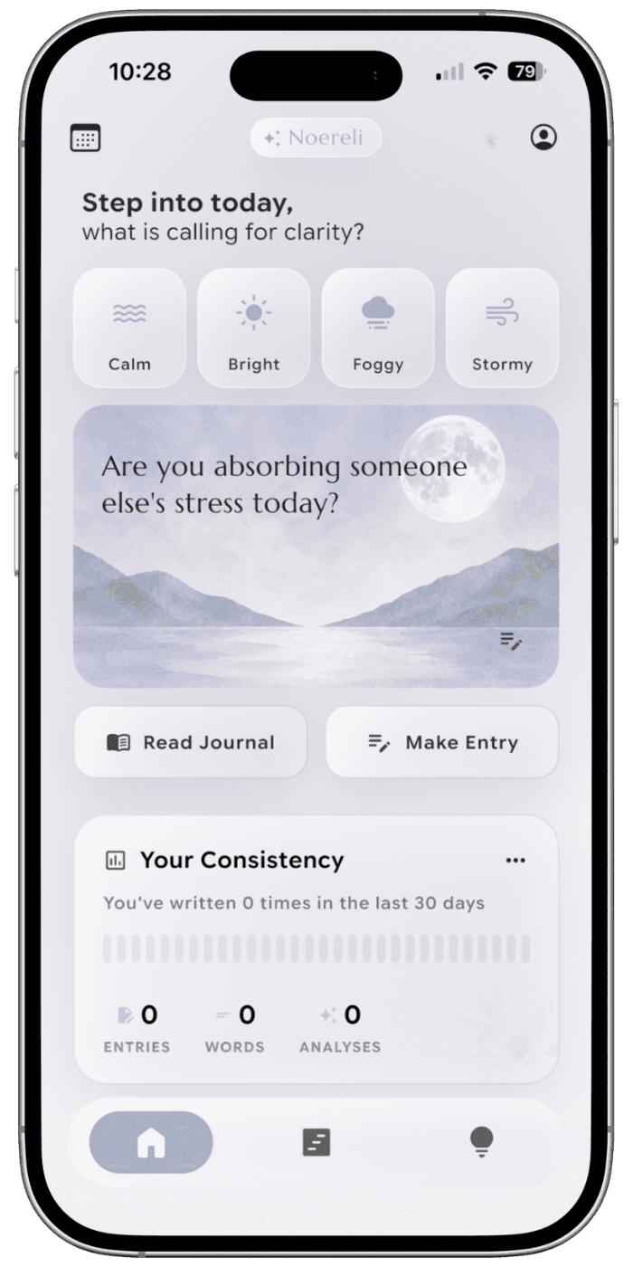 Noereli home screen showing a reflective prompt and recent writing overview.