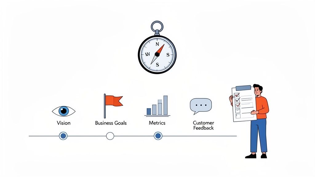 An illustration of a strategic roadmap process with a compass, vision, business goals, metrics, and customer feedback.