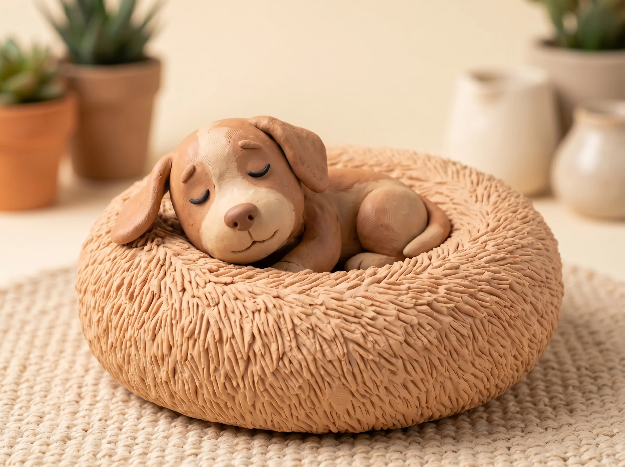 A Golden Retriever and a small terrier mix sleeping deeply and safely together on a vintage rug next to a Nuvorie chunky knit calming blanket in a peaceful sunlit room