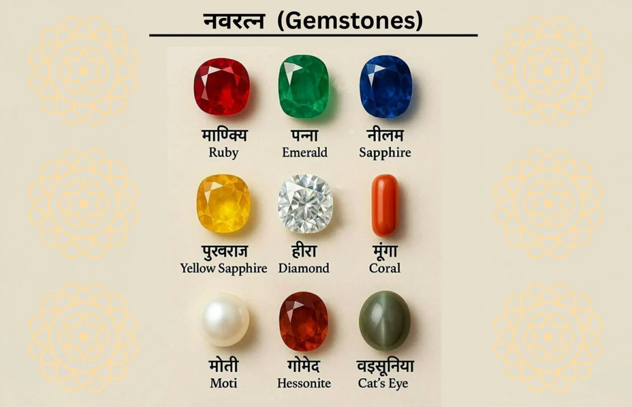 A grid display of nine astrological gemstones, titled "नवरत्न (Gemstones)," showing Ruby (माणिक्य), Emerald (पन्ना), Sapphire (नीलम), Yellow Sapphire (पुखराज), Diamond (हीरा), Coral (मूंगा), Pearl (मोती), Hessonite (गोमेद), and Cat's Eye (लहसुनिया) with both their English and Hindi names.