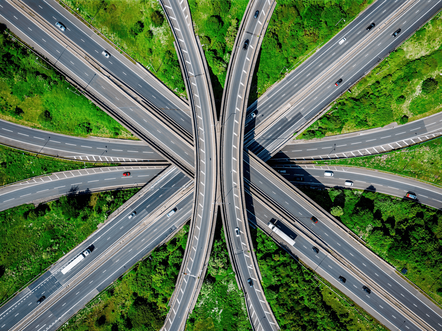 Aerial shot of Almondsbury Roundabout at Junction 16, M5 and M4 motorway near Bristol, UK