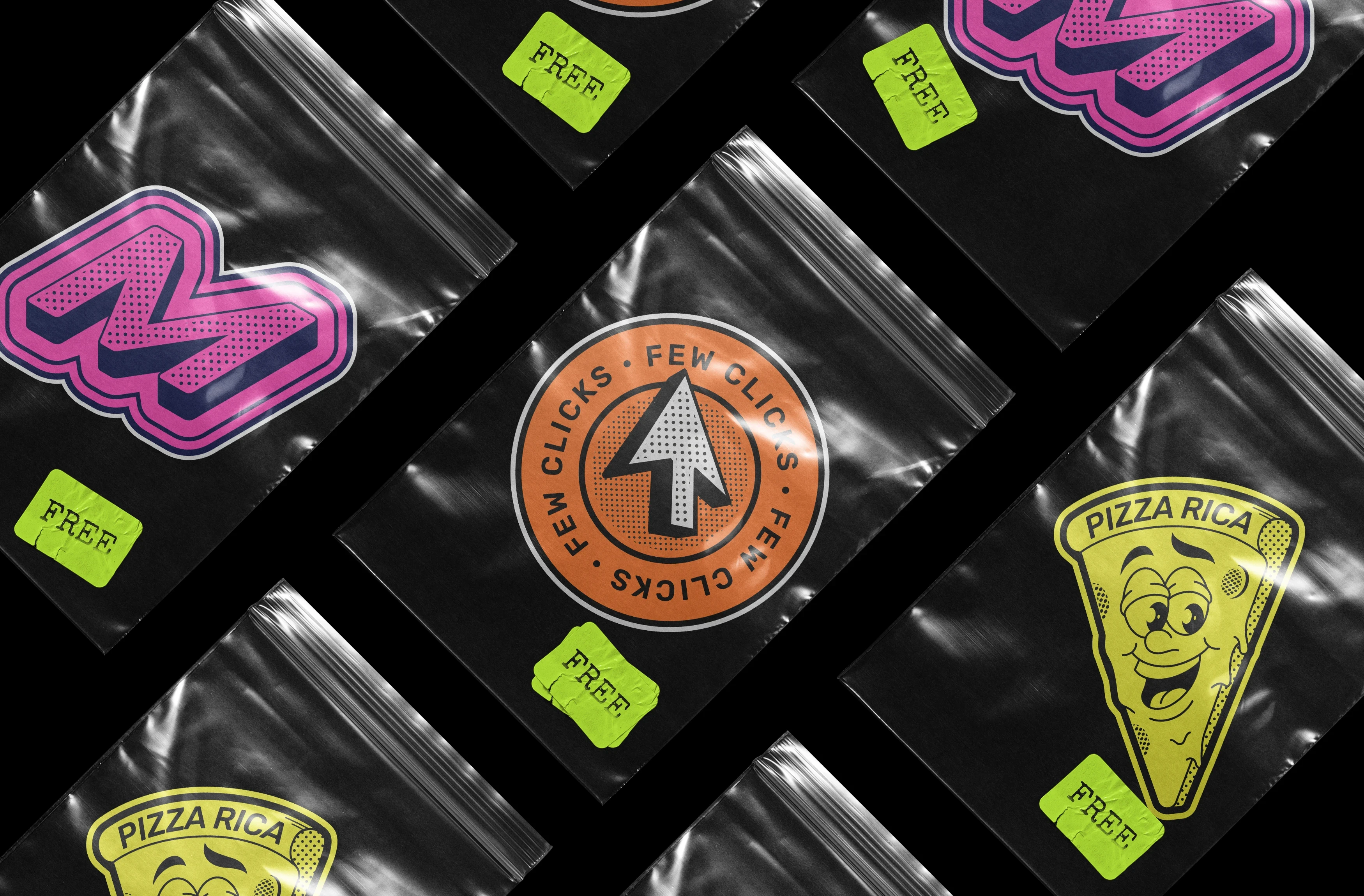 Mockup of multiple transparent ziplock bags containing colorful sticker designs, including bold typography and playful graphics. Set against a black background, the vibrant colors and clear packaging stand out for a trendy presentation.