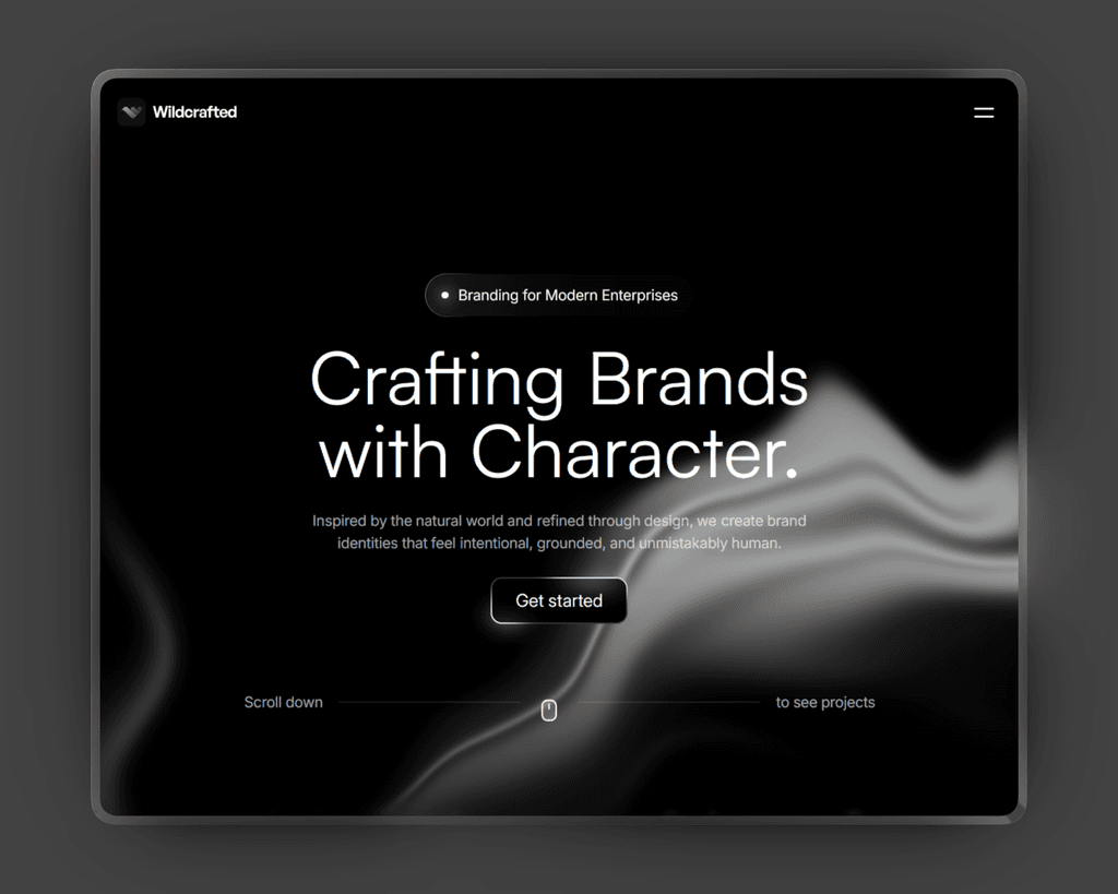 Homepage design on a black background with soft white and gray smoke elements.
