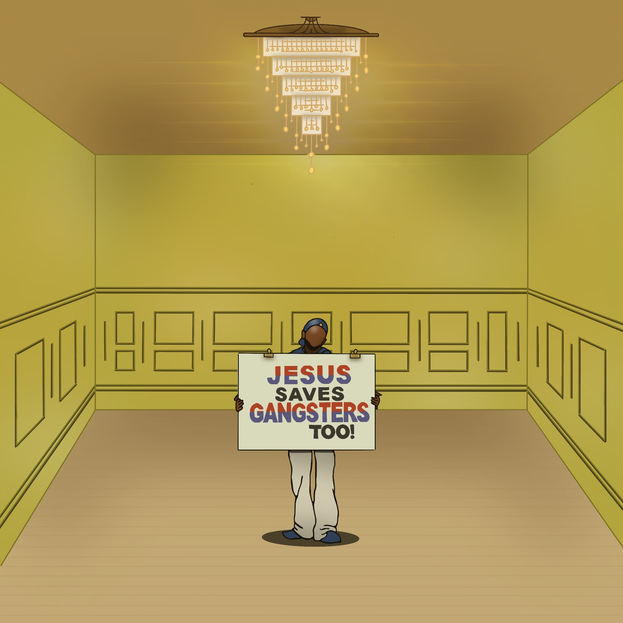 Illustration of Kendrick Lamar's "Squabble Up" video--Jesus saves gangsters too.