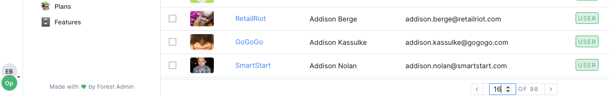 Select a page number in a Forest Admin collection.