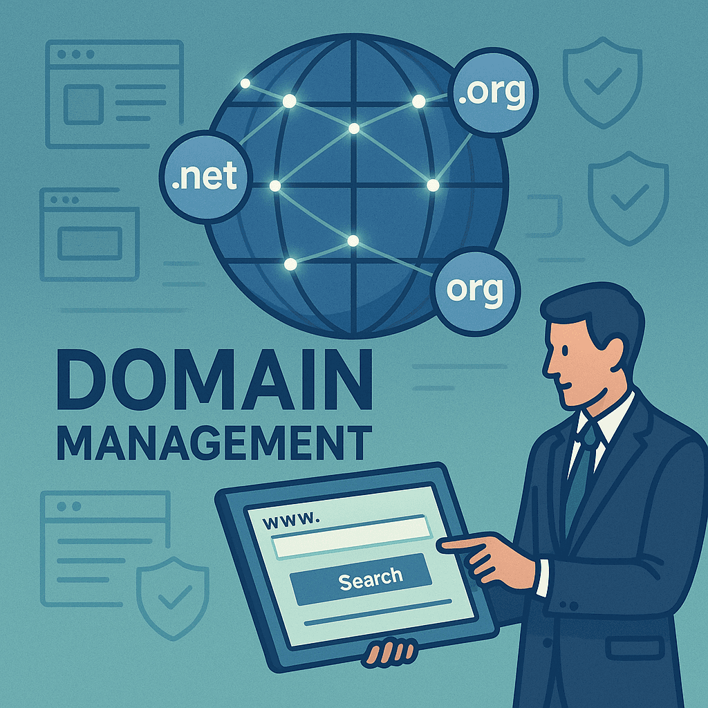 A modern, professional illustration showing a digital globe with various domain extensions (.com, .net, .org) floating around it, connected by glowing network lines. In the foreground, a business professional is holding a tablet displaying a domain registration interface. The background features subtle website icons and security shields, representing domain protection and management. The color scheme uses blues and greens to convey trust and technology, with clean typography highlighting "Domain Management" prominently.