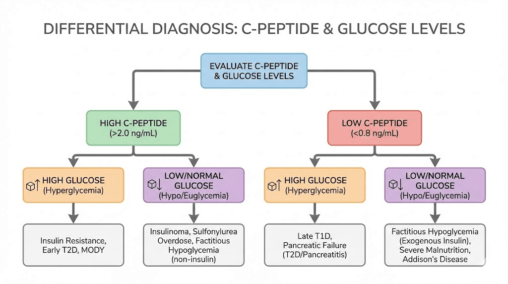 C-peptide interpretation flowchart for high and low levels