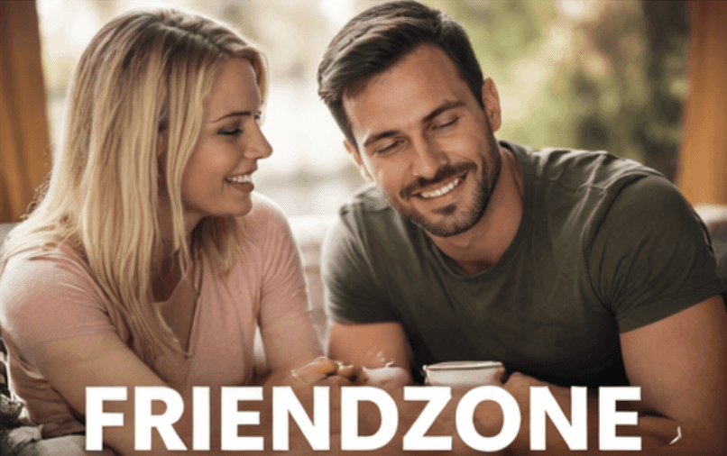 ein mann und eine frau die zusammensitzen, unter dem bild steht "friendzone"