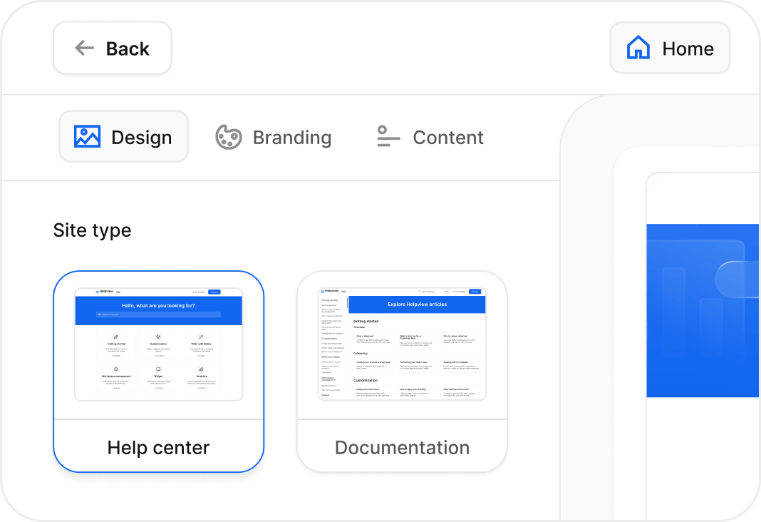 Helpview dashboard interface for choosing a help center template and customizing documentation layout.