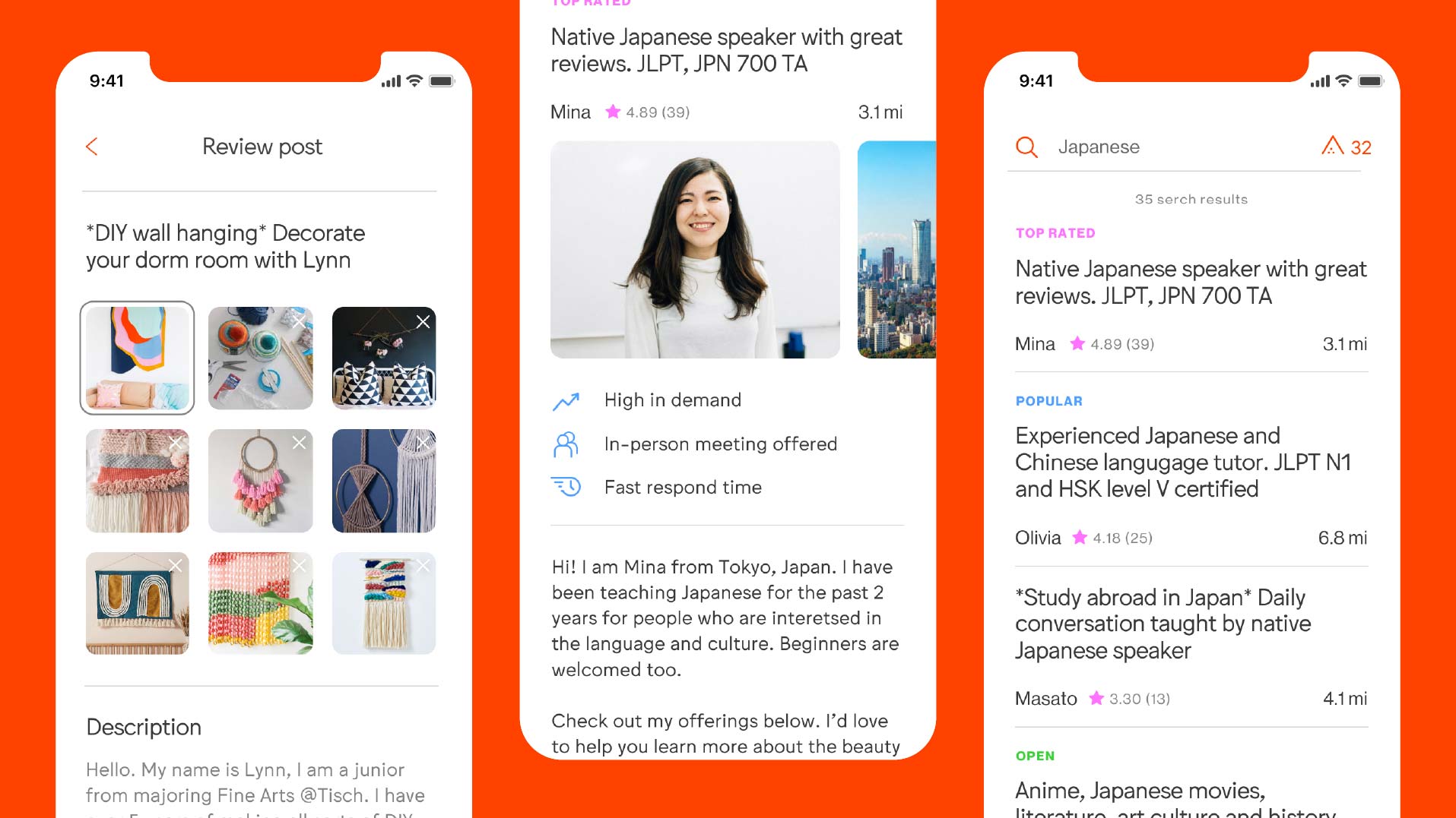 Three smartphones display posts with Japanese text and images. The leftmost post shows a DIY wall hanging decorated with yarn and colorful beads. The center post features a photo of a woman, Mina, with Japanese text describing her background and teaching experience. The rightmost post highlights a Japanese speaker with reviews and ratings. Each post includes an "OPEN" button and timestamp.