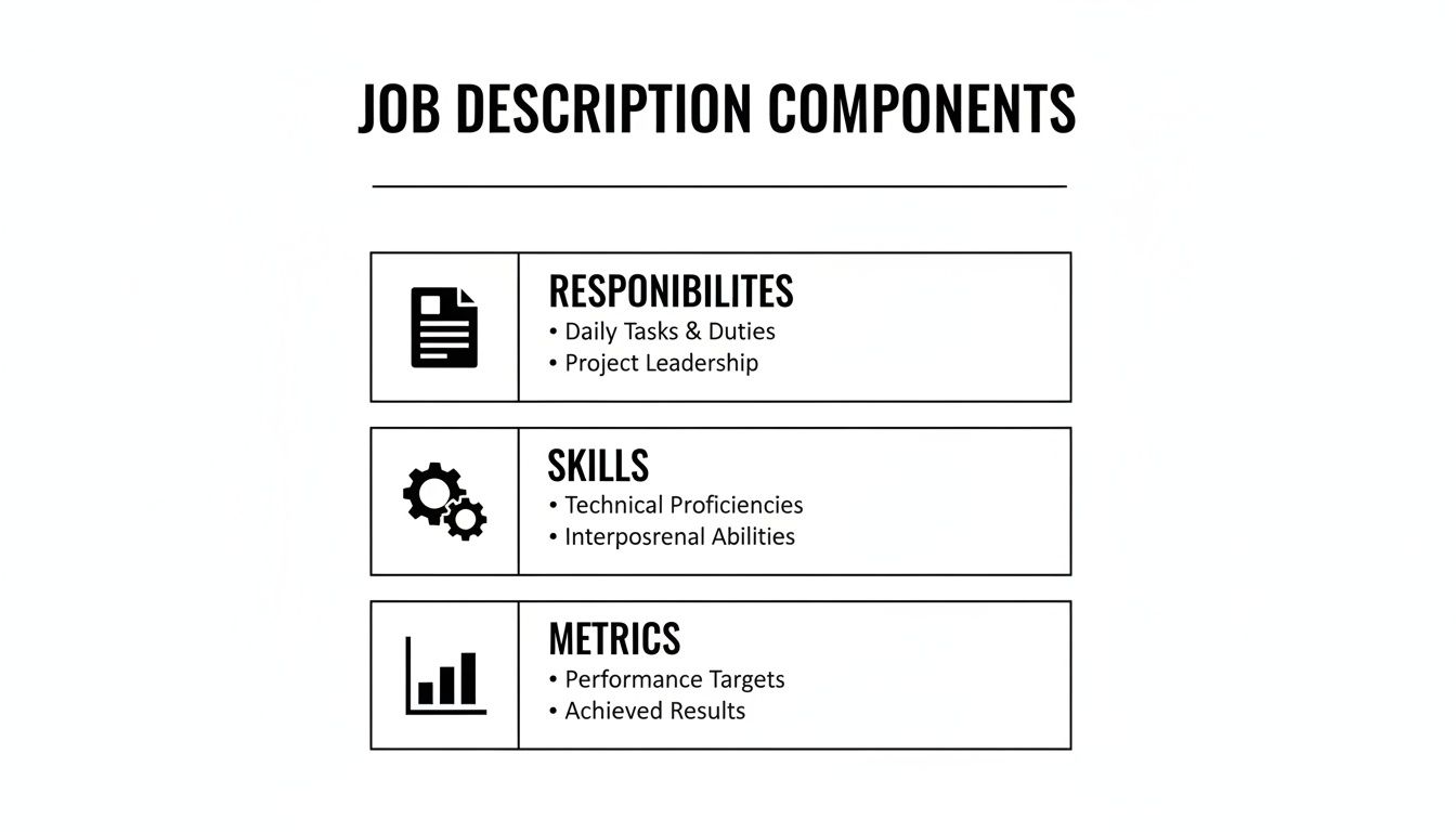 Infographic showing job description components: responsibilities, skills, and metrics with details.