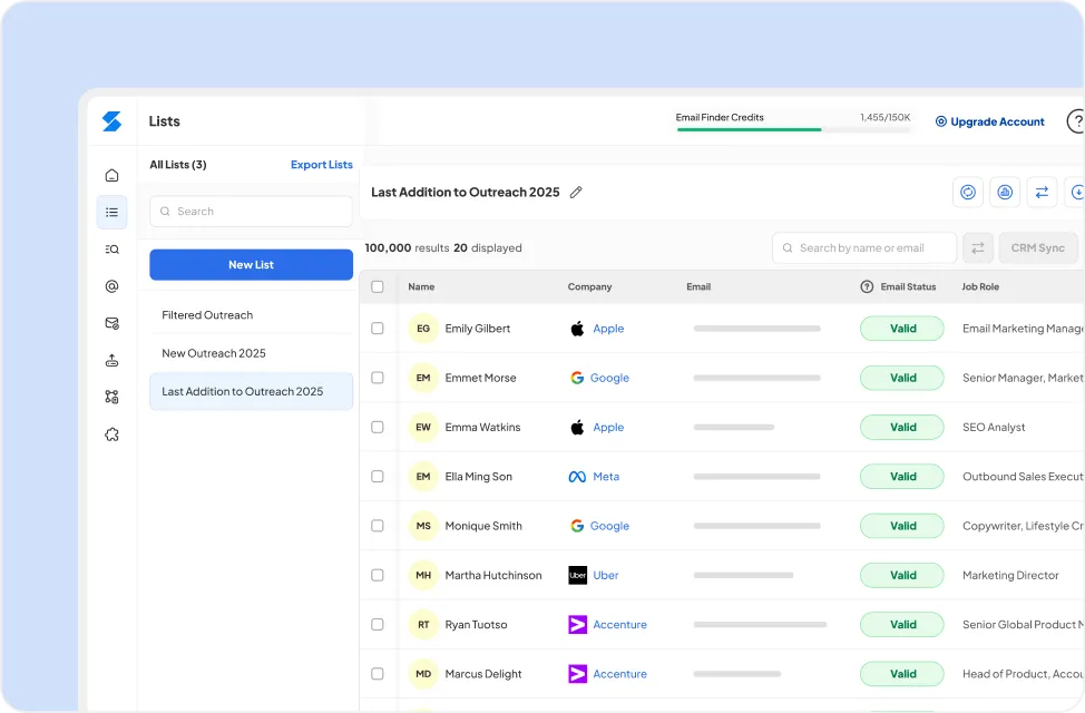 Skrapp email finder dashboard showing search input, verified results, and accuracy score.