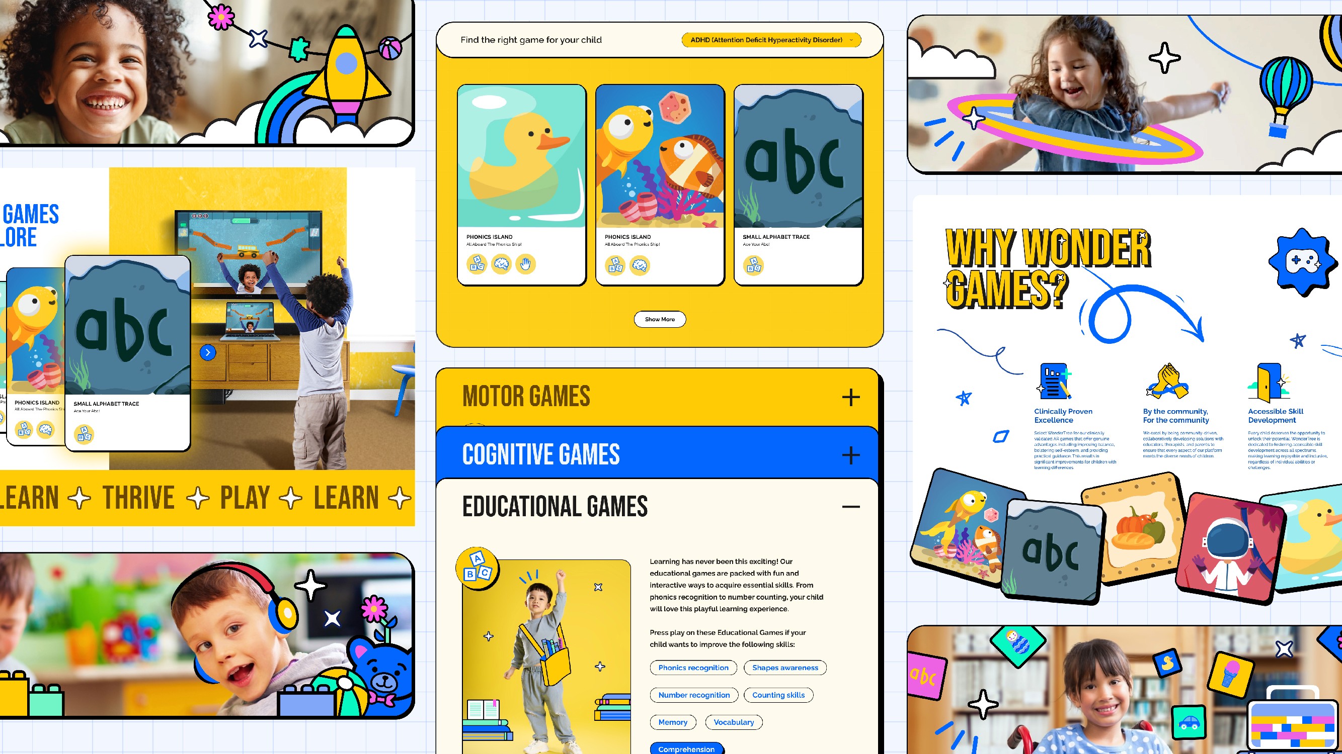 Key website sections designed to present essential information in a clear, condensed way without cognitively overloading parents. The layout balances structured content with inclusive imagery, showcasing children with diverse needs to foster connection, trust, and representation.