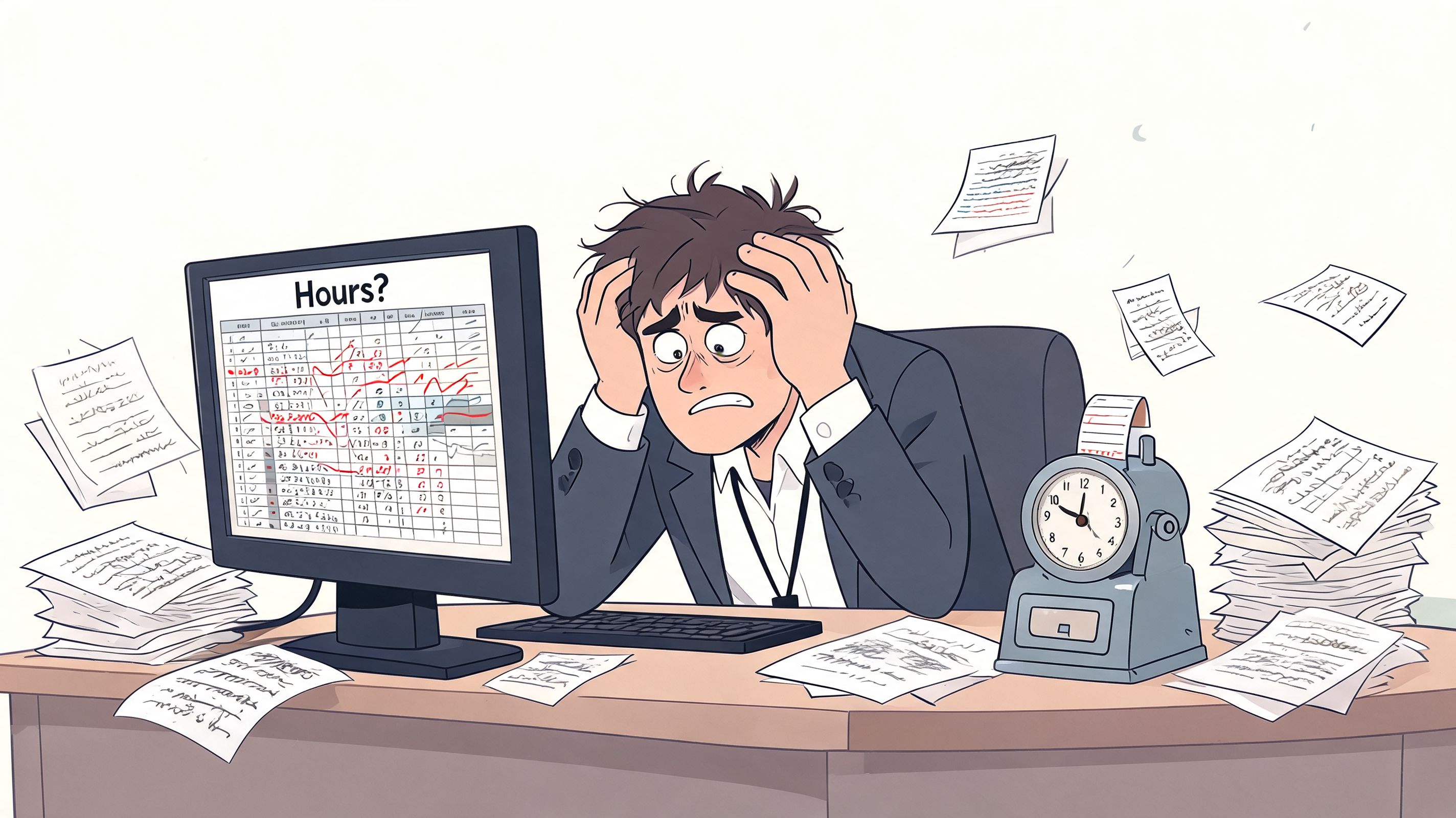 A stressed employee sits at a cluttered desk while staring at a confusing spreadsheet on the computer.