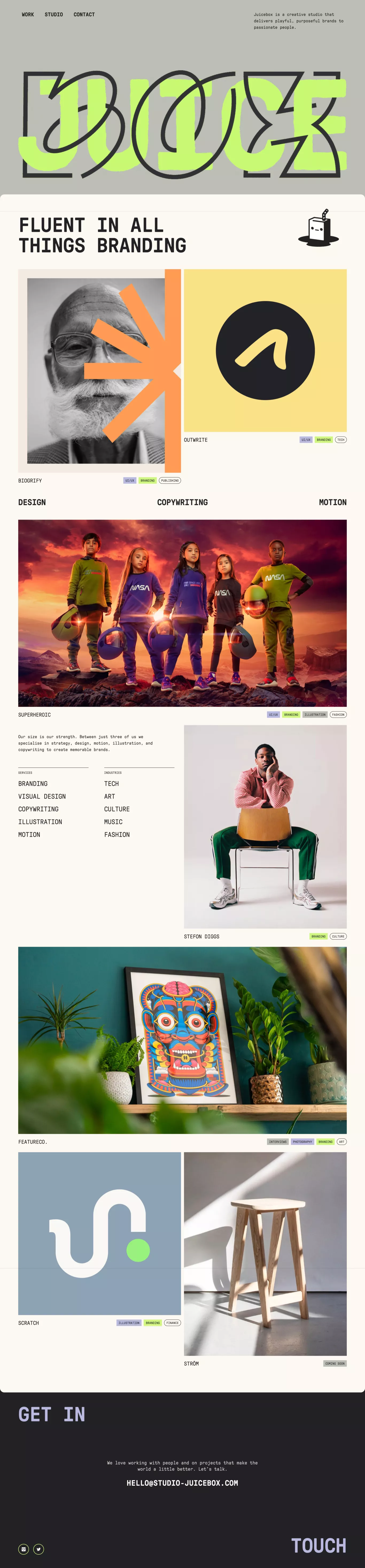 Studio Juicebox portfolio page screenshot showcasing Design and Tech design