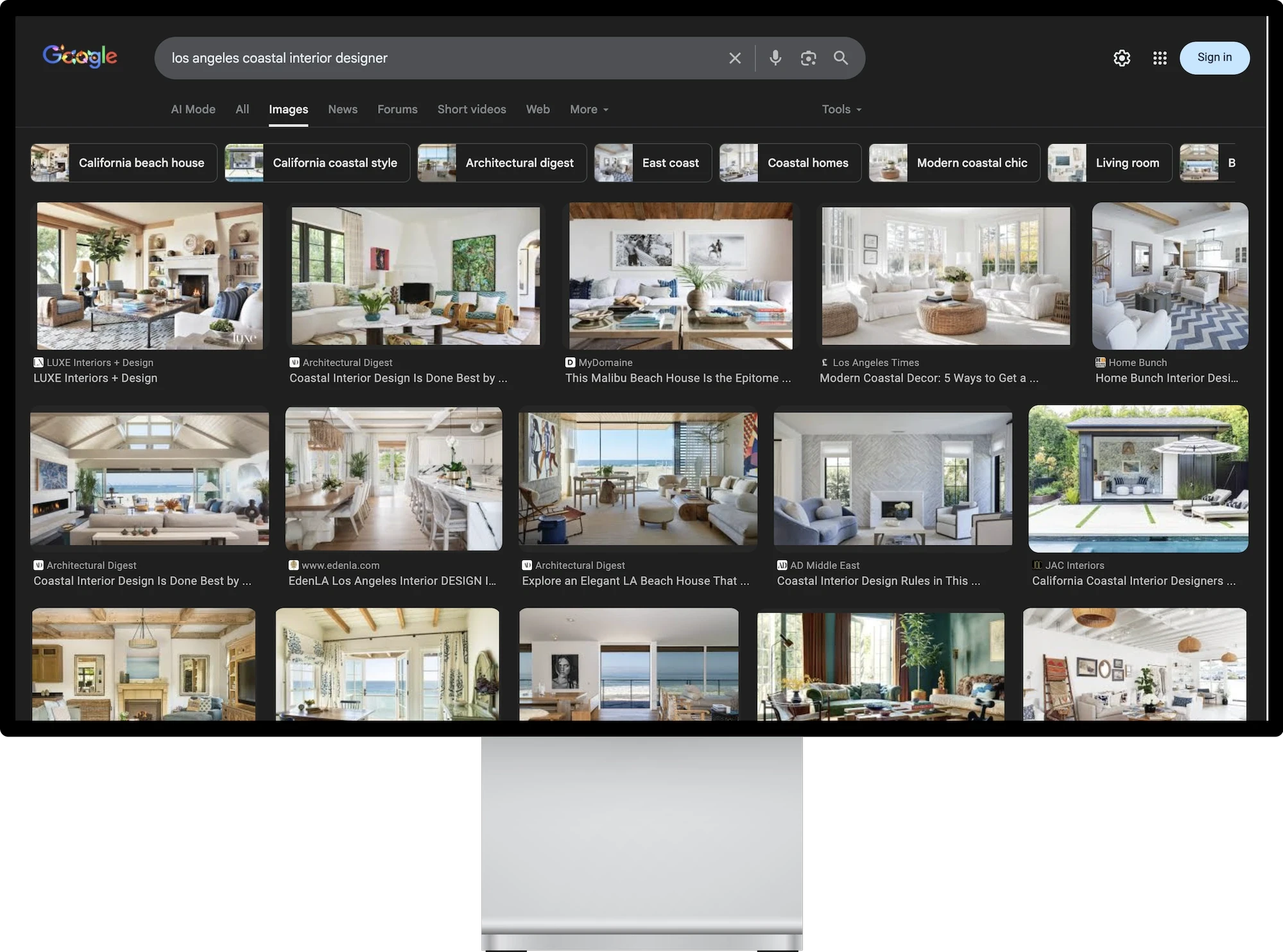 Google Images search results showing coastal-style interior design spaces, illustrating SEO visibility for architecture and interiors.