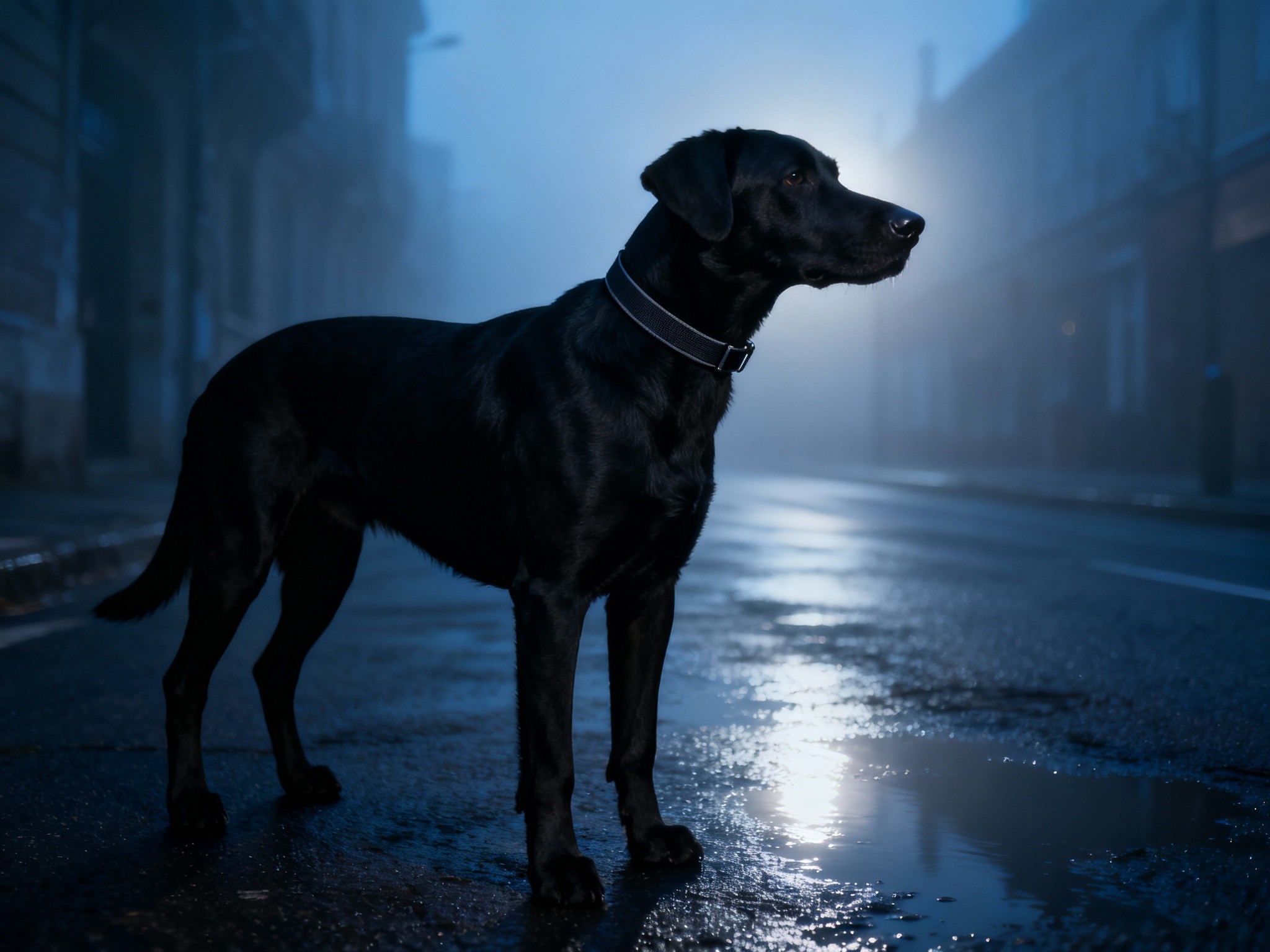 A cinematic frame capturing a sleek black dog wearing a minimalist nylon collar, standing on a foggy