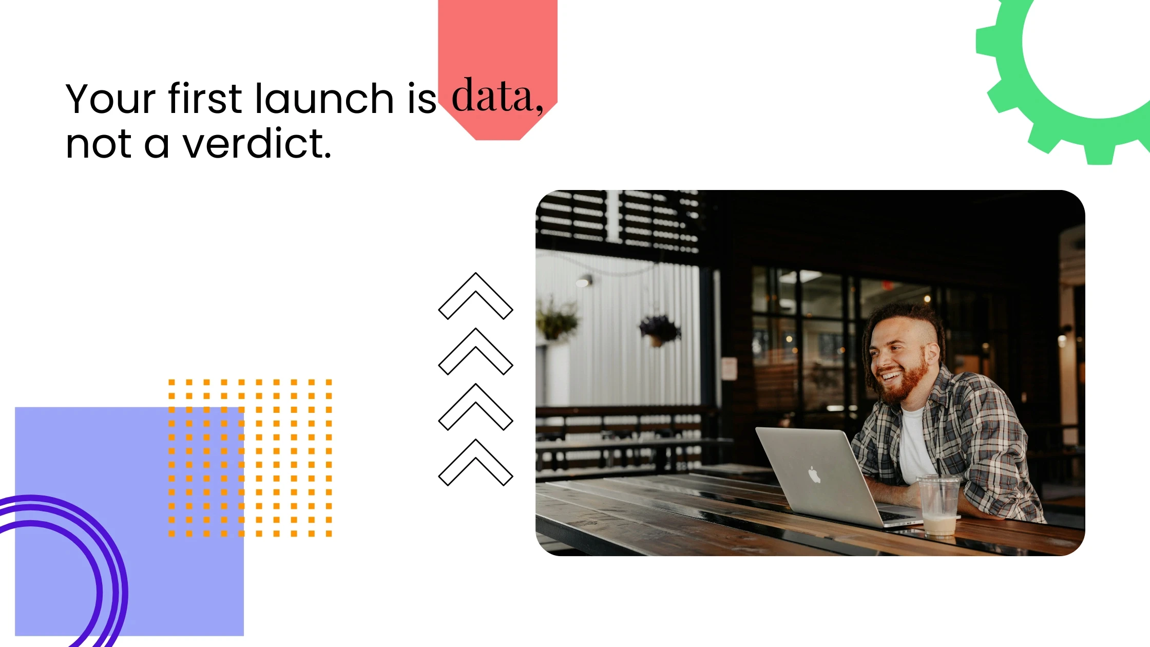 Coach using a laptop in a casual workspace, alongside text about treating a first group launch as learning data.