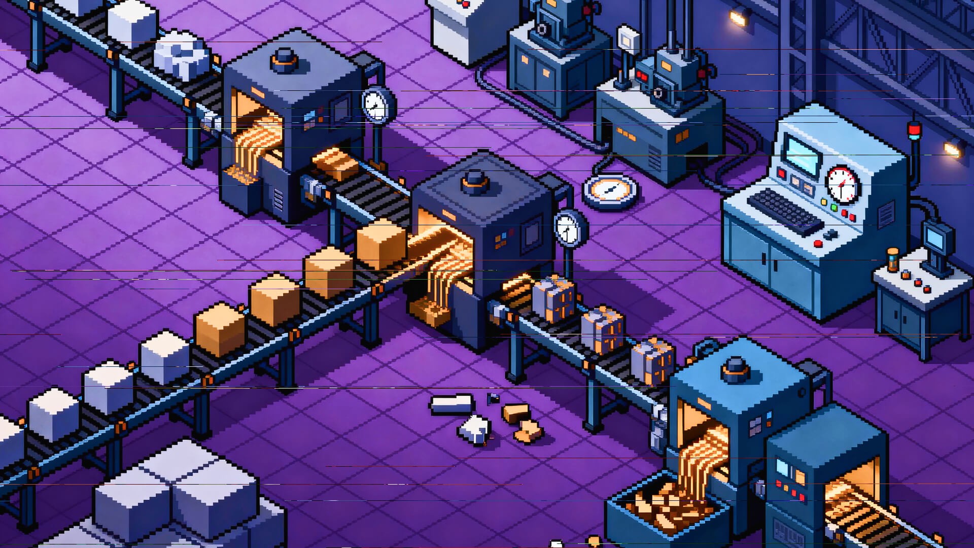 Pixel-art illustration of an industrial assembly line where materials pass through multiple machines, representing stages of the AI software development lifecycle.