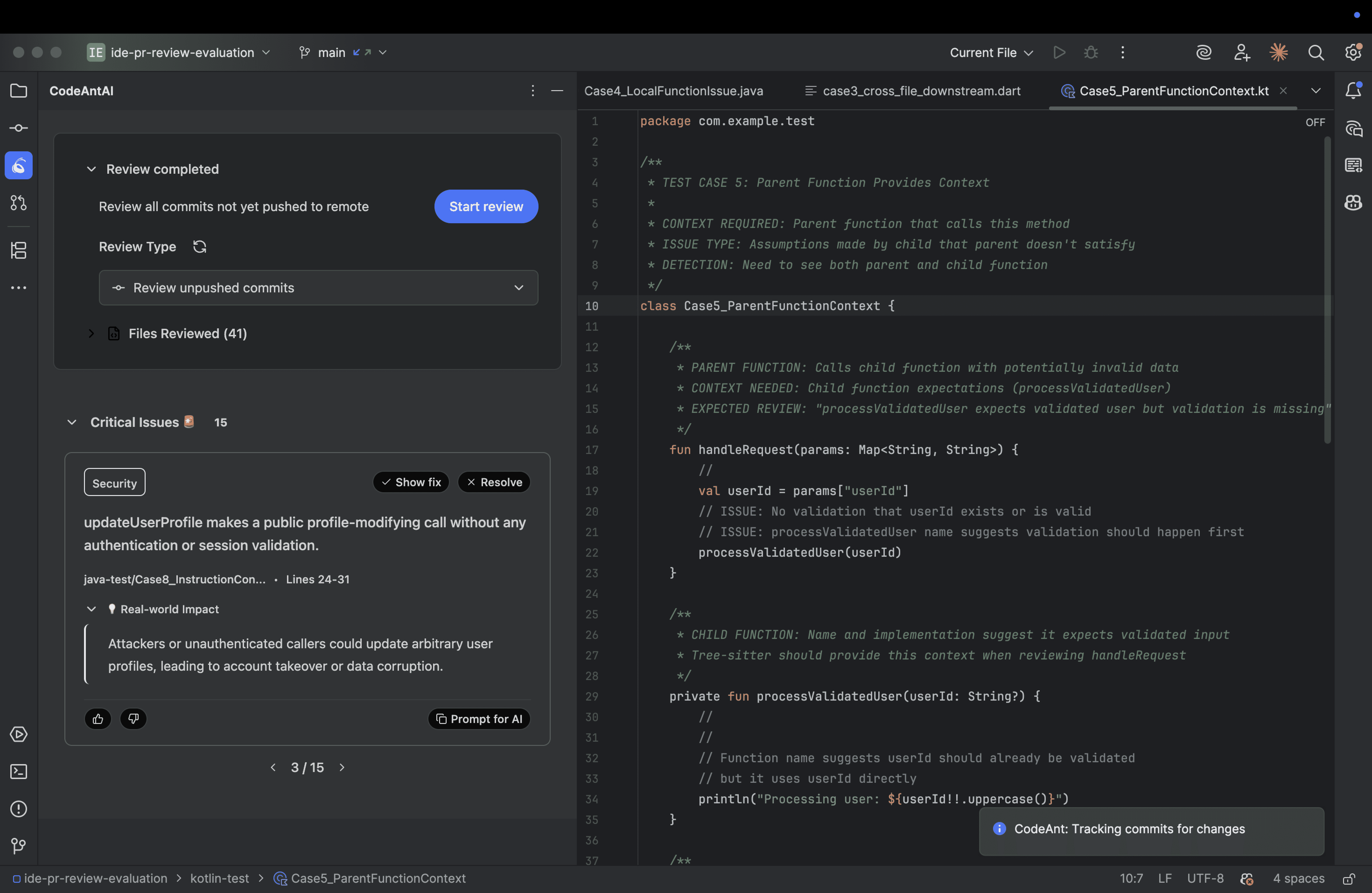 CodeAnt AI panel inside JetBrains IDE displaying context-aware AI Code Review insights, security alerts, and quality metrics next to the code, showing how CodeAnt enhances developer productivity by embedding the Code Health Platform directly within JetBrains tools.