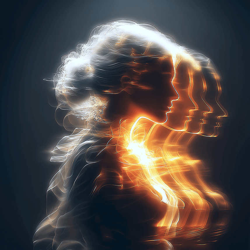 A silhouette of a woman with long hair is shrouded in darkness, creating an air of mystery and elegance.