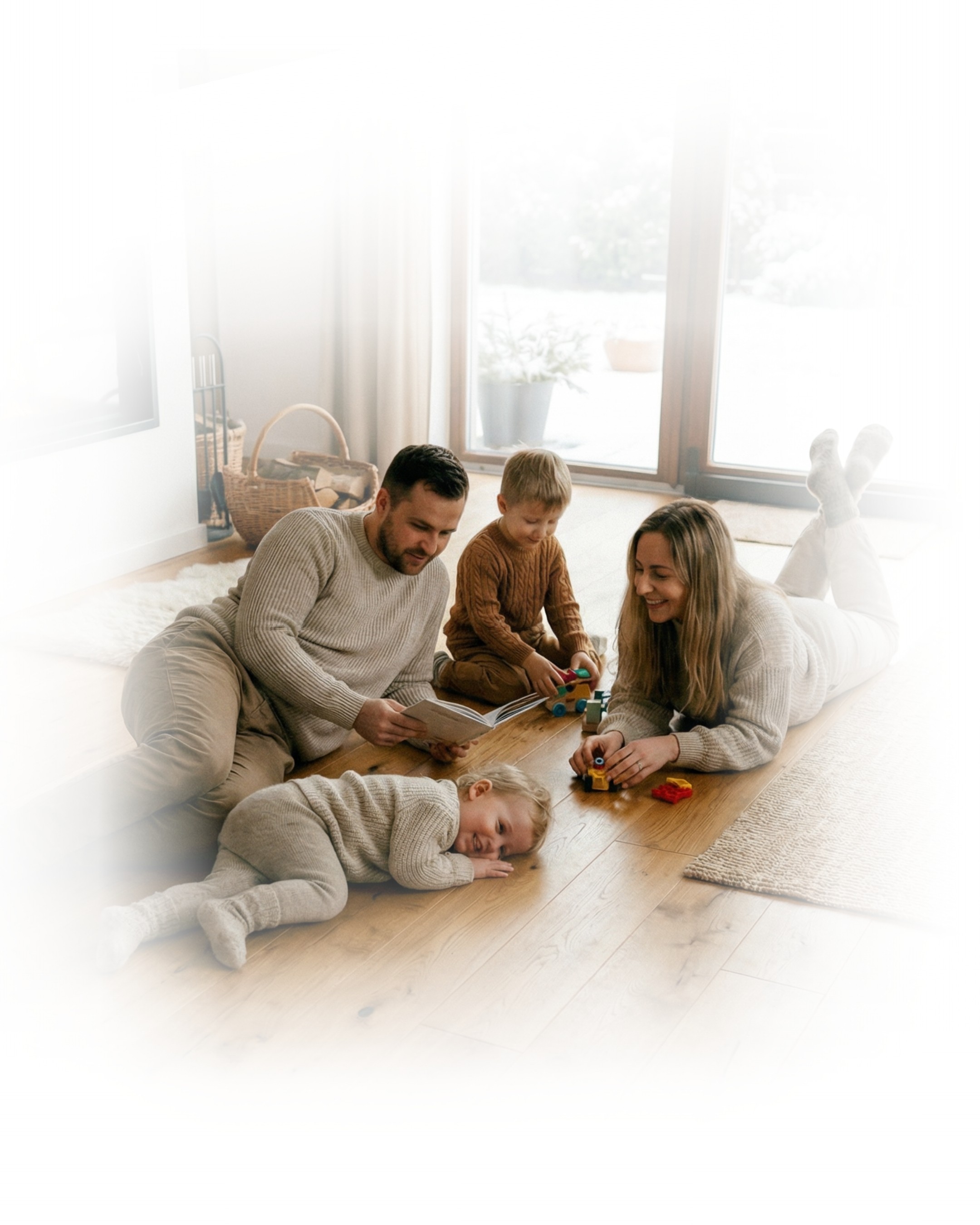 Header Bild für mobile Version mit einem Baby und einer Auflistung verschiedener Merkmale unserer Fußbodenheizung.