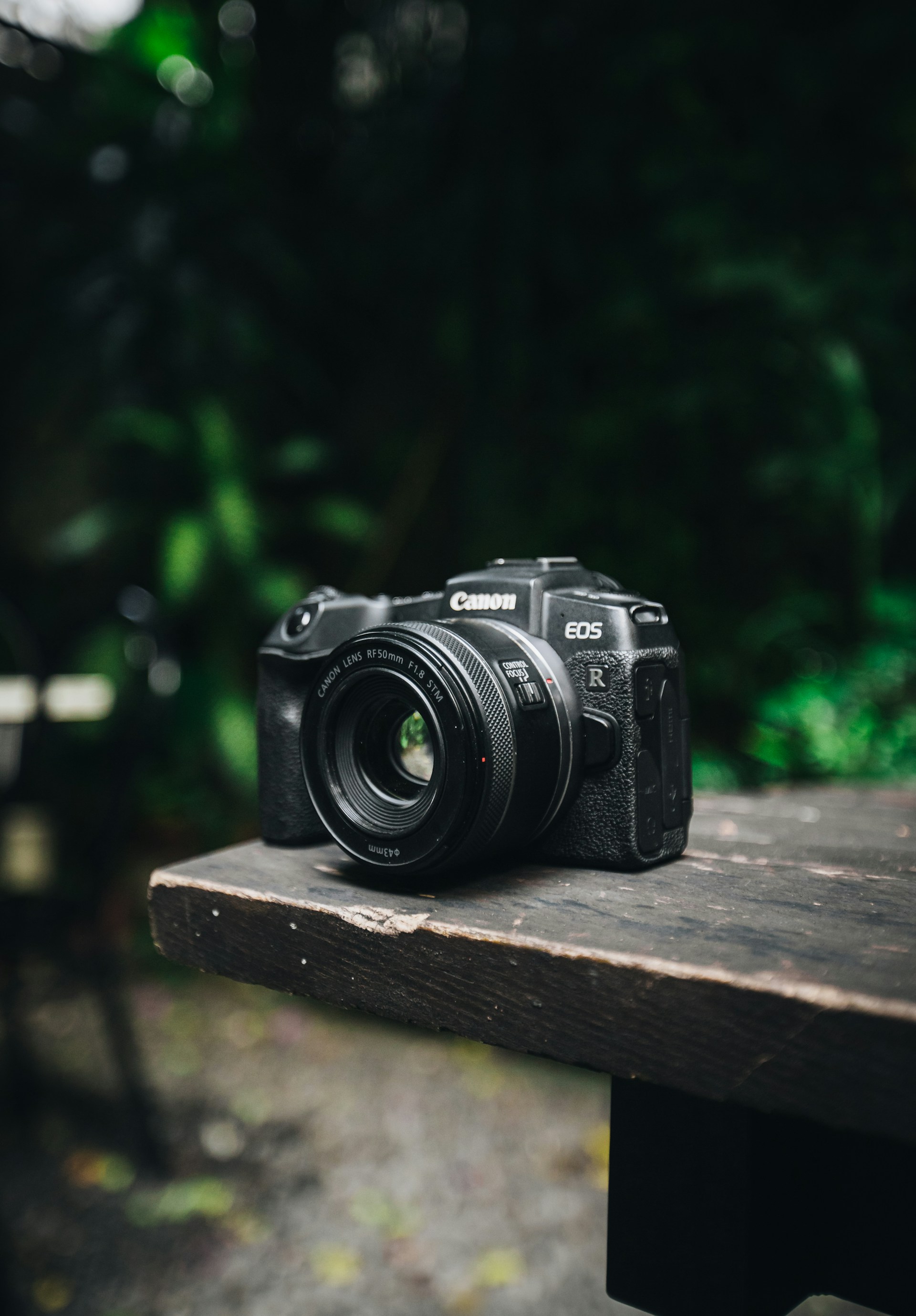 A black mirrorless or DSLR camera with a lens is resting on the edge of a rustic wooden surface outdoors, with a dark, blurred background of green foliage.