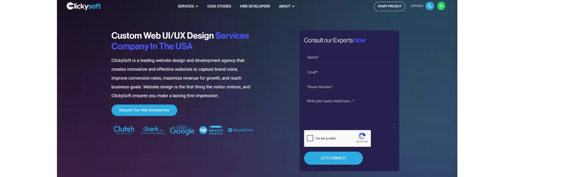 ClickySoft homepage showing Houston web design and AI consulting agency