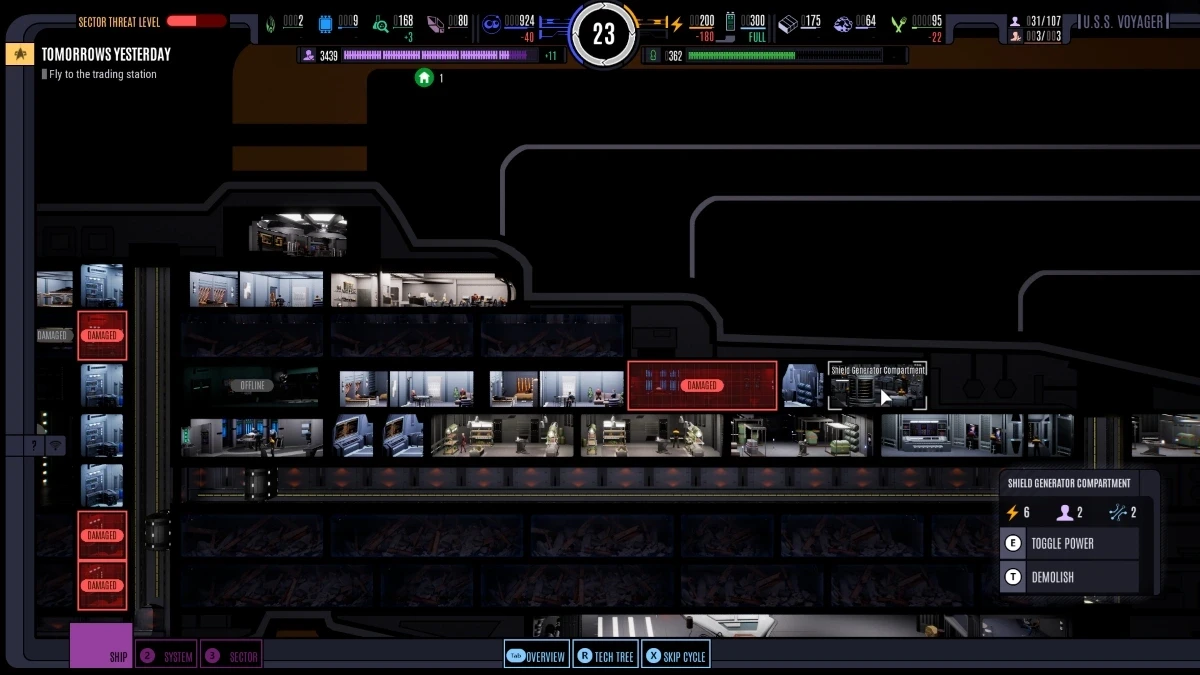 The image shows a screenshot from a video game interface, featuring multiple levels of a futuristic building with various rooms, along with a control panel and progress indicators at the top, all set in a sci-fi theme with a mix of blue and red accents.