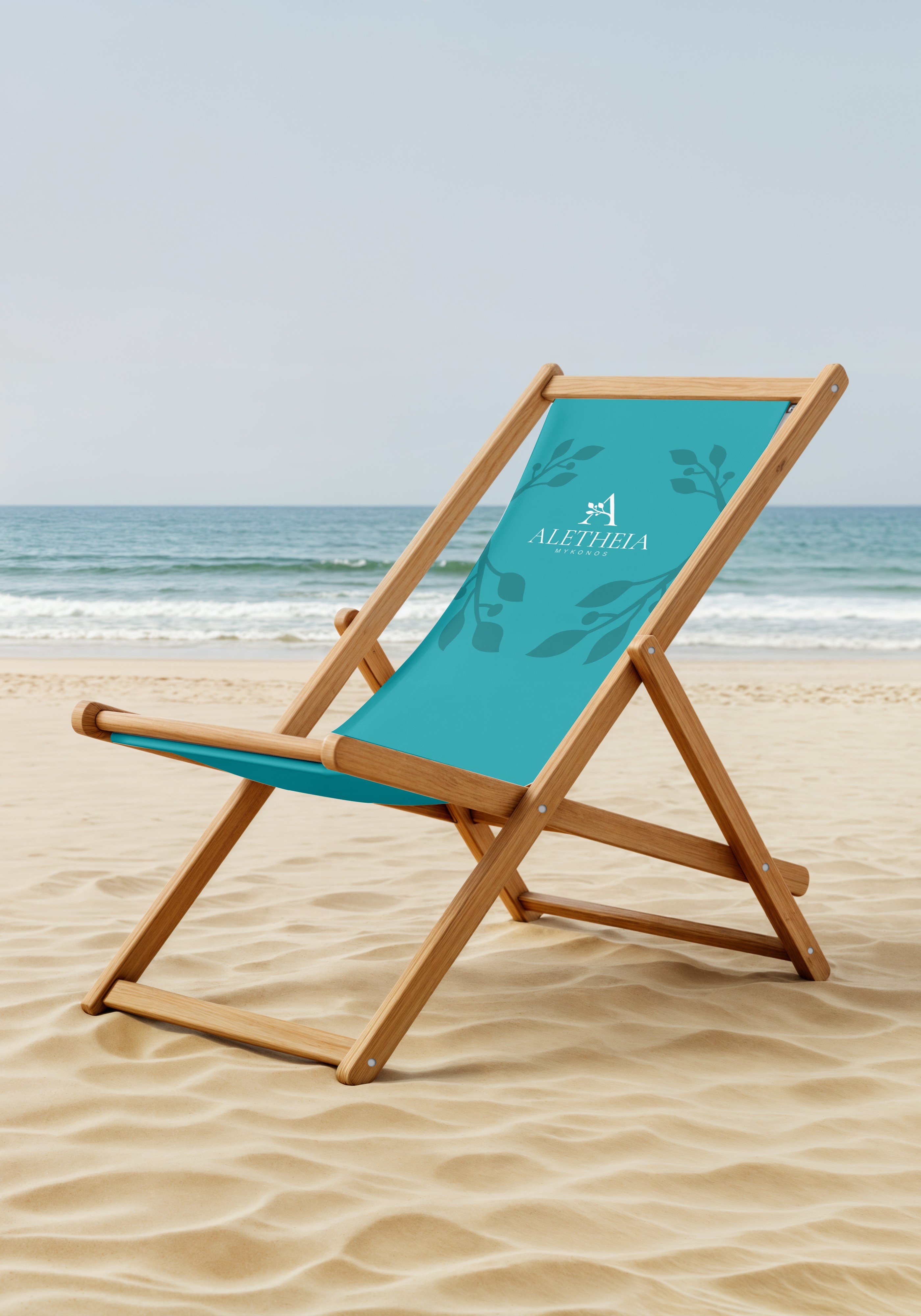 Blue beach chair with a white logo for a Greek hotel