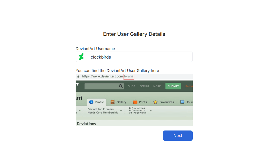 enter user gallery profile username
