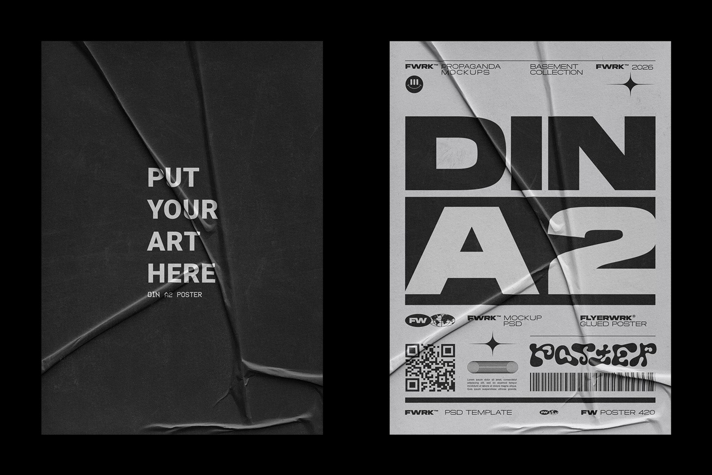 Glued A2 Poster Mockup featuring black and white industrial poster designs with realistic wet glue wrinkles