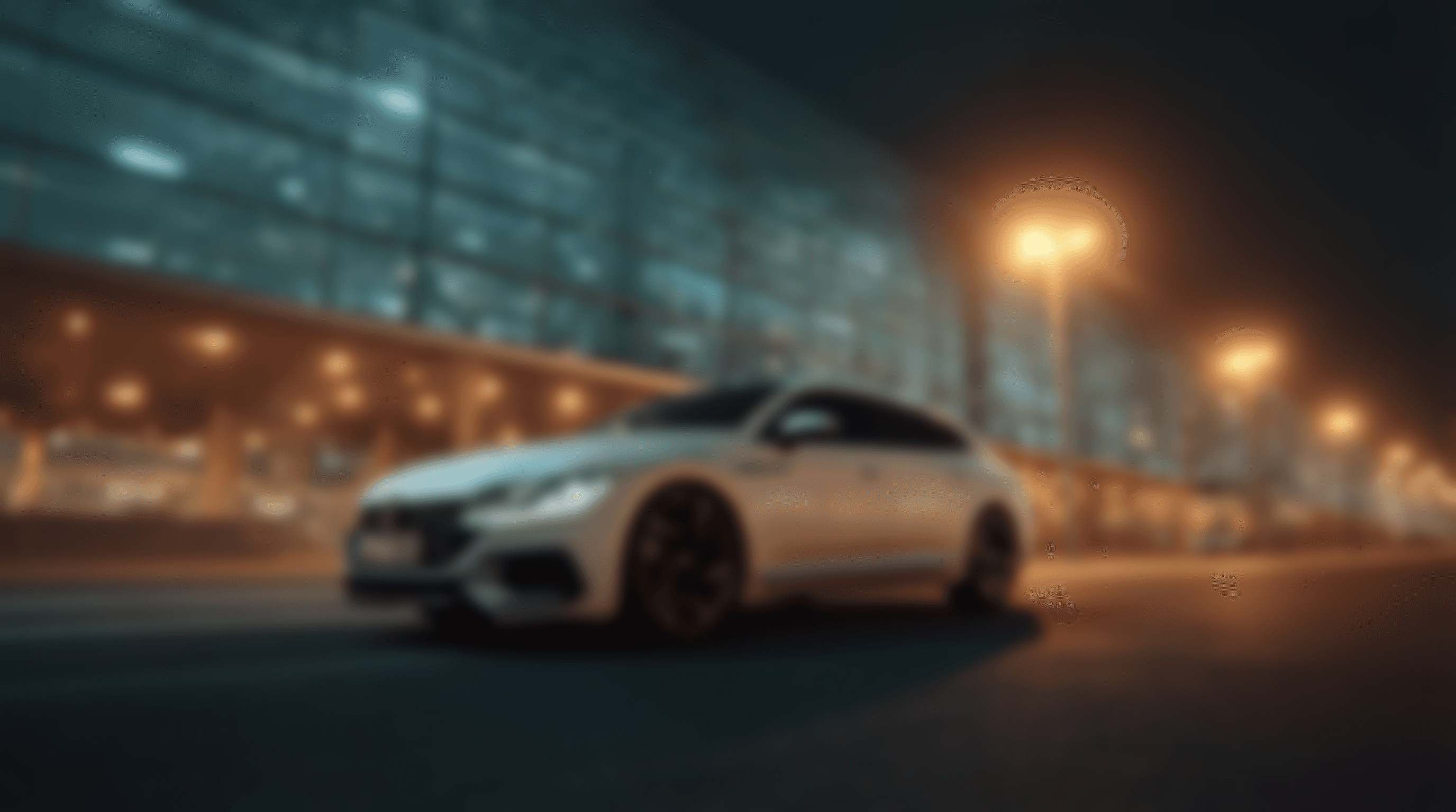 Ein weißer Volkswagen Pkw fährt nachts mit eingeschalteten Scheinwerfern auf einer Straße in der Stadt; im Hintergrund ist ein Flughafen zu sehen. Das Bild hat einen Blur Filter