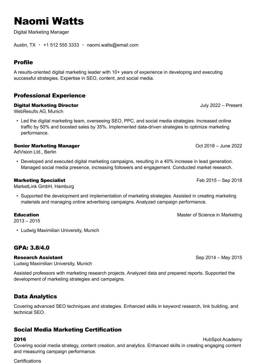 Digital marketing manager resume example