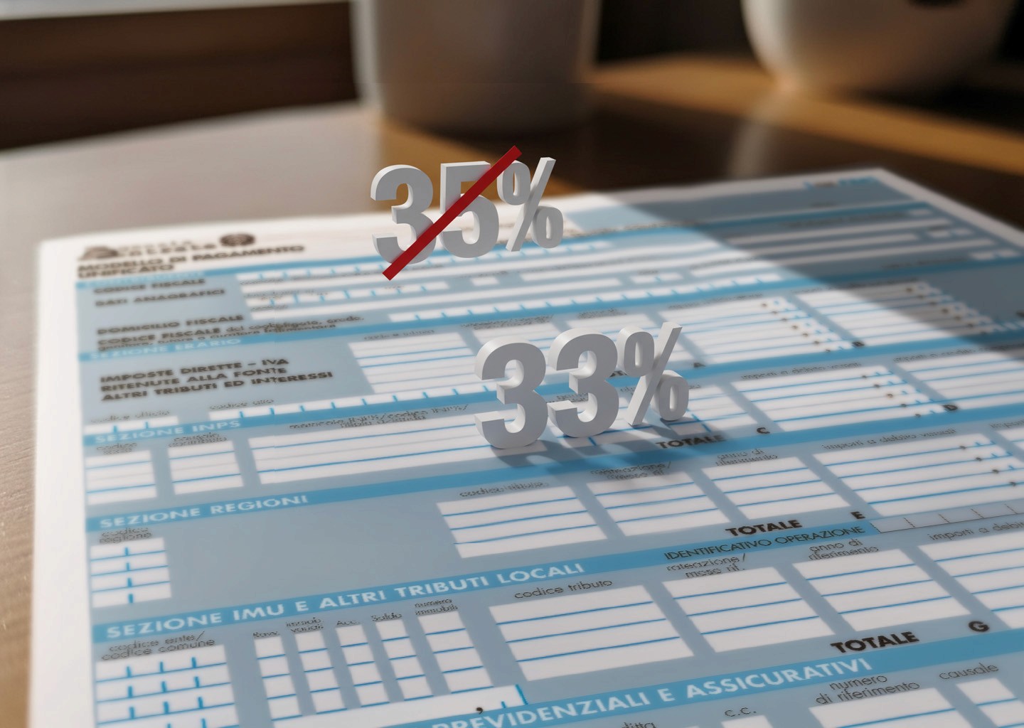 Dettaglio di un modello F24 con simboli grafici di aliquote IRPEF 2026 che fluttuano
