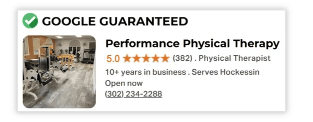 Performance Physical Therapy in Hockessin, Google Guaranteed clinic with 5-star reviews.