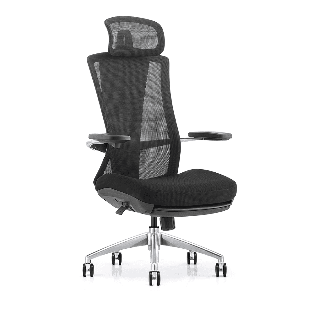 Ergonomic black mesh office chair with adjustable headrest, 4D armrests, and a polished aluminum swivel base on a white background.