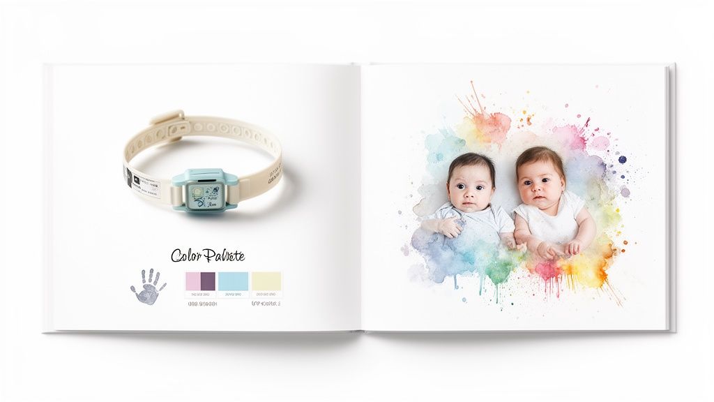 An open baby book displaying a hospital bracelet, handprint, color palette, and two adorable babies with watercolor art.