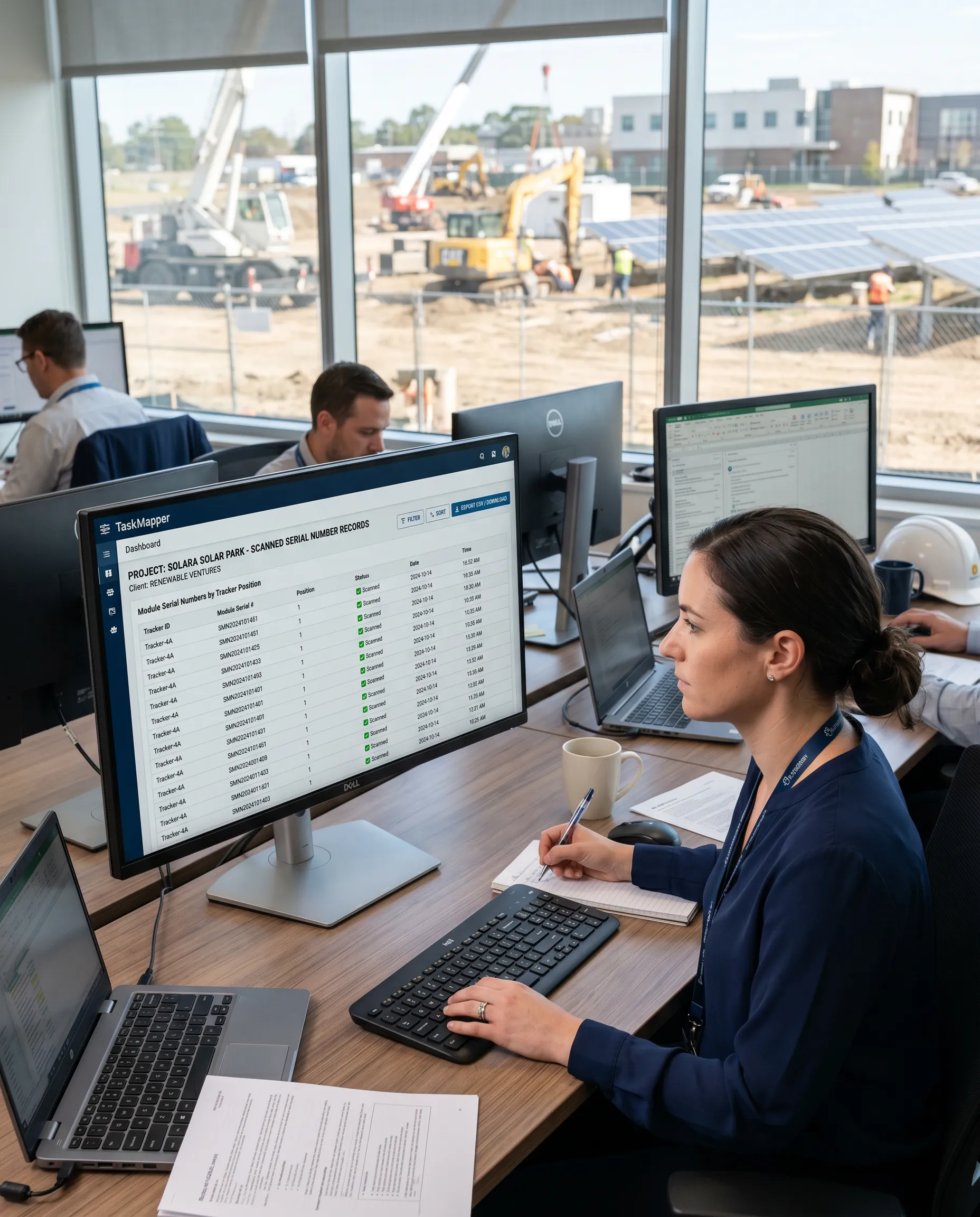 A woman works on a laptop displaying a global solar operations dashboard, seated at a desk in a bright office with solar panels visible outside the window.