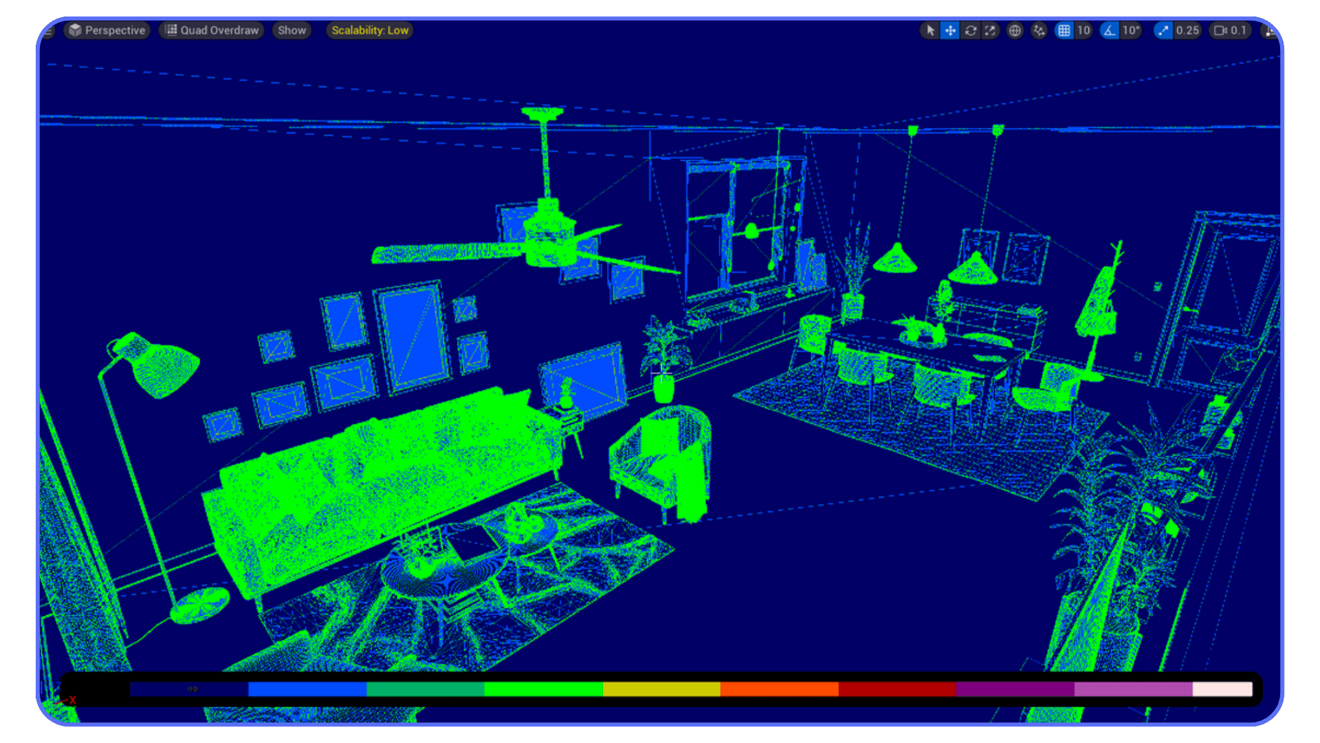 Unreal Engine quad overdraw view of an interior living room scene, showing mesh overdraw levels in blue, green, and red.