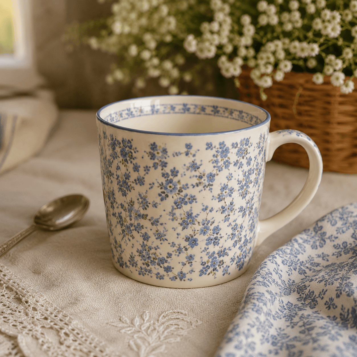 A red and white ceramic mug beside pink and white flower petals