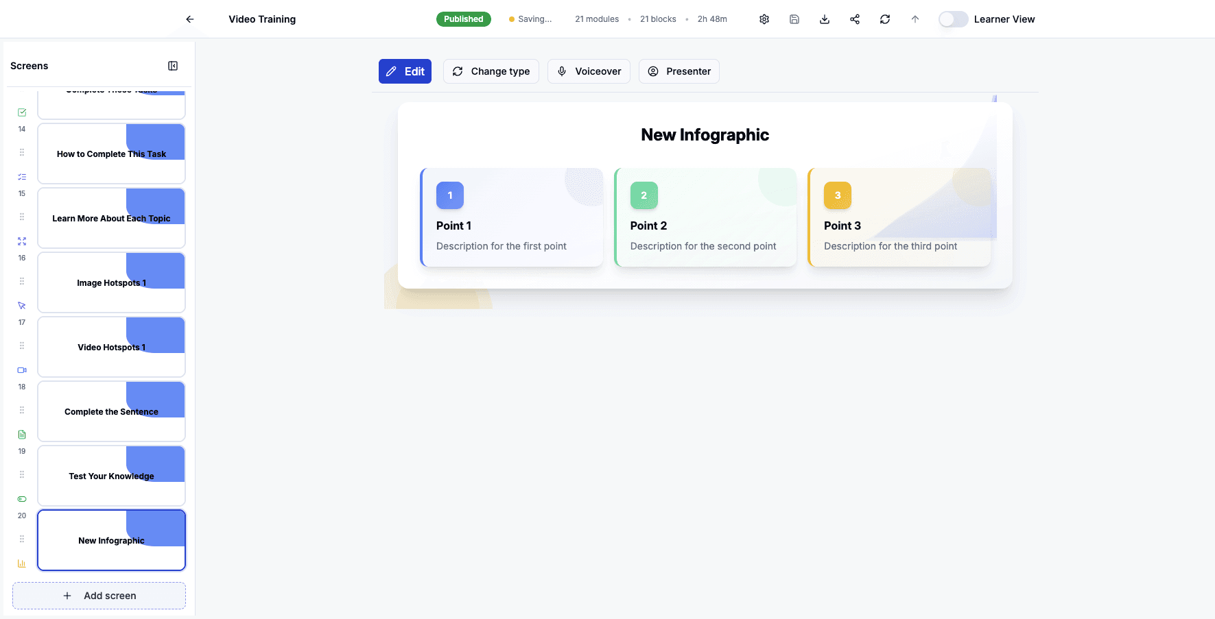 Click Add screen to import existing content from documents or URLs.