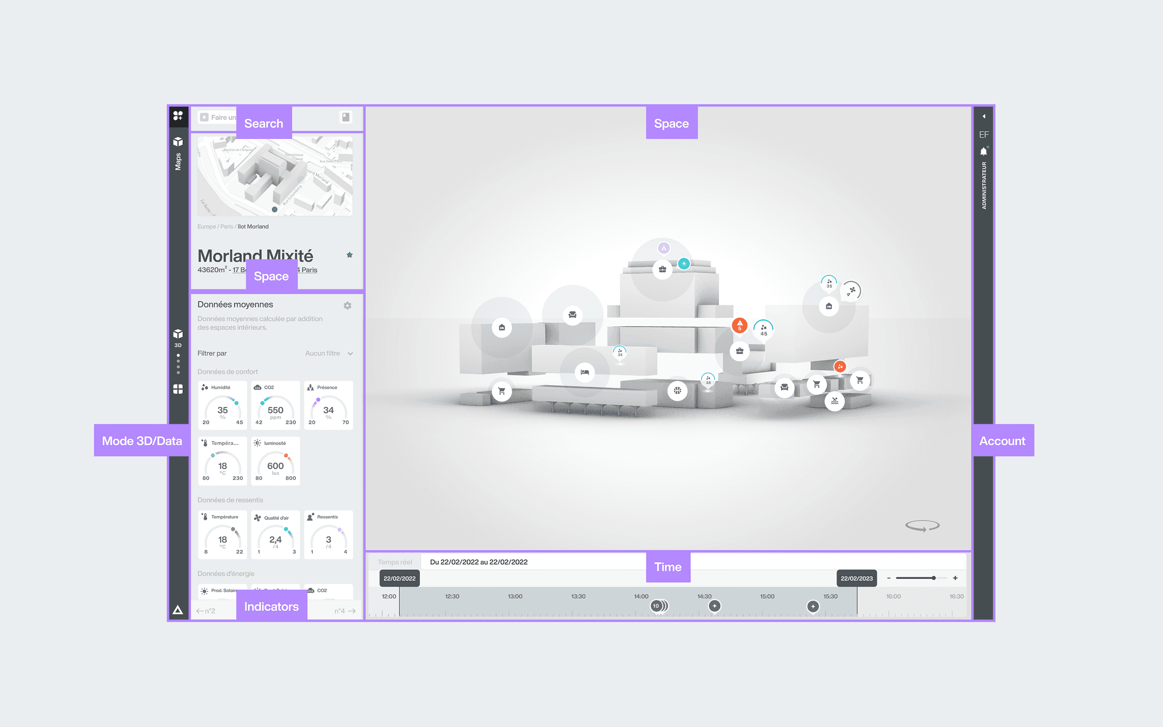 Smart building digital twin showing management data on an interactive map, with real-time monitoring